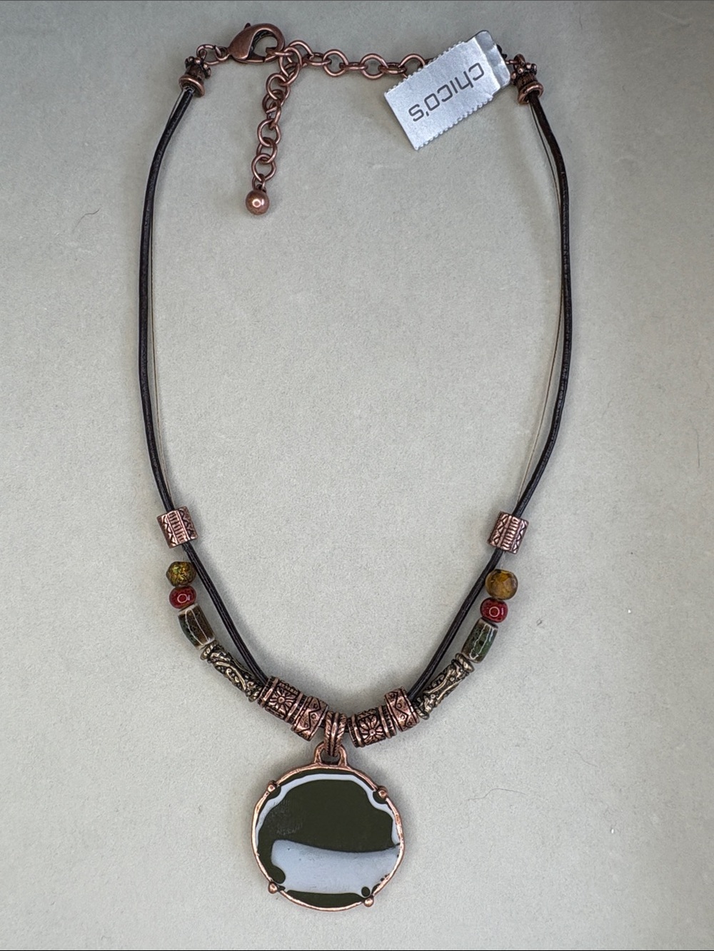 Chico's Olive and Copper Pendant Necklace with Bead Accents
